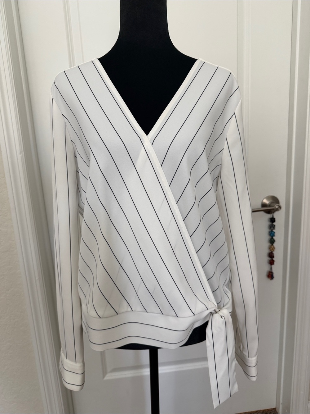 Alex Marie White Blouse with Black Pinstripes and Side Tie